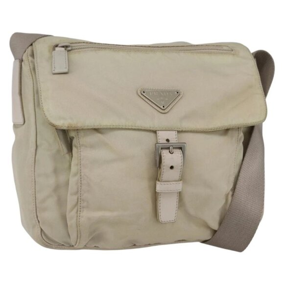PRADA Shoulder Bag Nylon Beige Silver Auth 151497